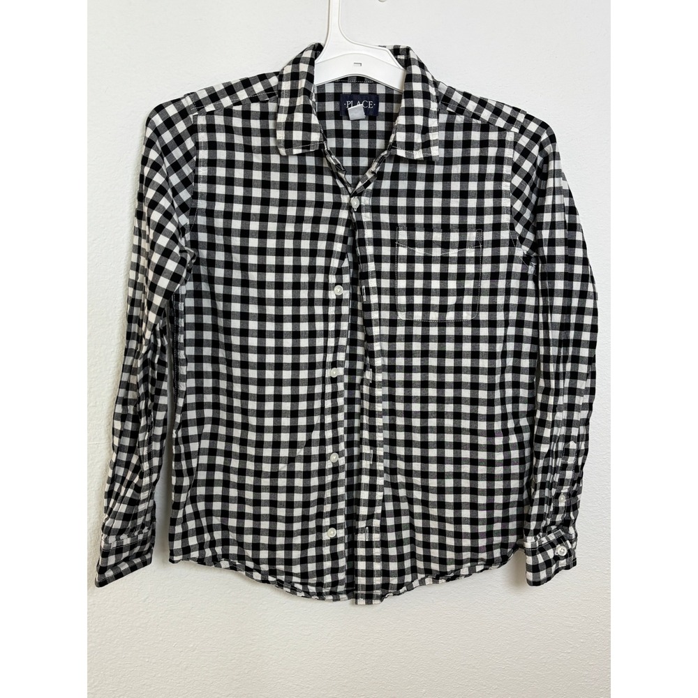 Childrens Place Boys XL 14 Gingham Button Down Shirt Black White Long Sleeve
